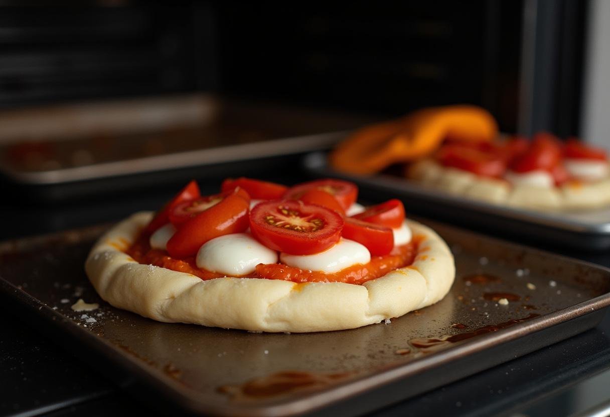 Pizza Caprese au Pesto sur Pâte Feuilletée being placed in the oven for baking.