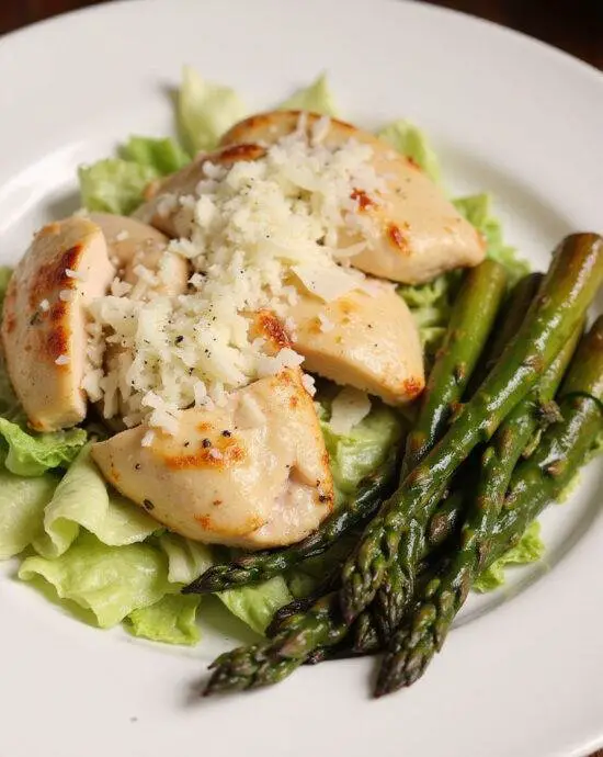 Finished Poulet César avec Asperges served with romaine, Parmesan, and asparagus.