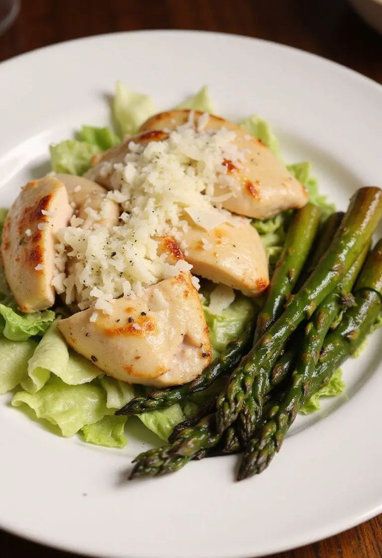 Finished Poulet César avec Asperges served with romaine, Parmesan, and asparagus.