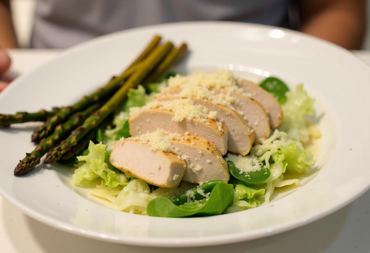 Finished Poulet César avec Asperges served with romaine, Parmesan, and asparagus.