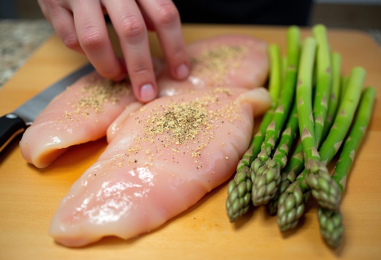 Raw chicken breasts and asparagus seasoned for Poulet César avec Asperges preparation.