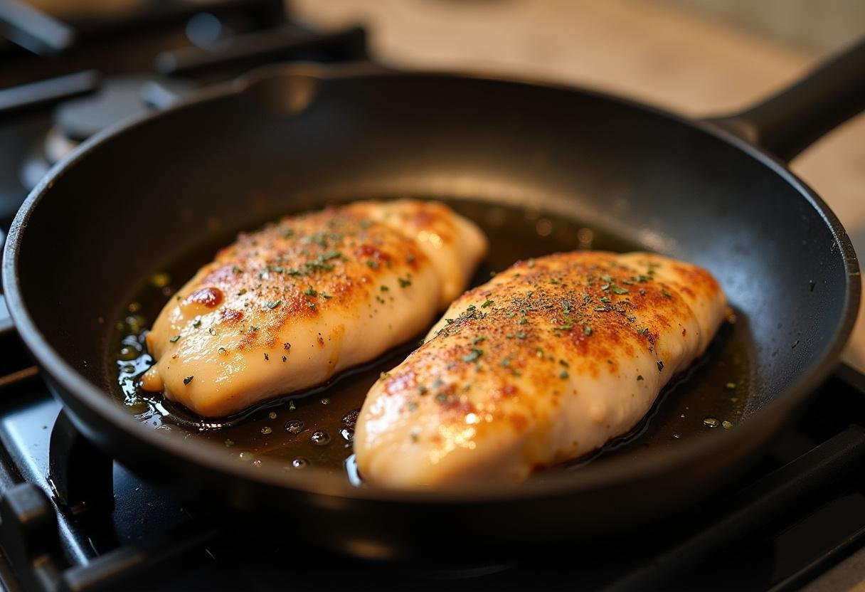 Chicken breasts cooking in a skillet for Poulet César avec Asperges recipe.