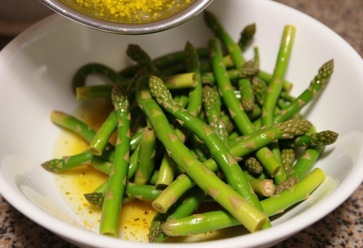 Asparagus being prepared with olive oil and lemon zest for Poulet César avec Asperges.
