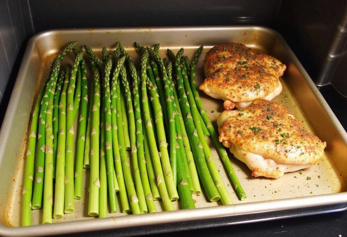 Asparagus being placed in the oven to roast alongside the chicken for Poulet César avec Asperges.