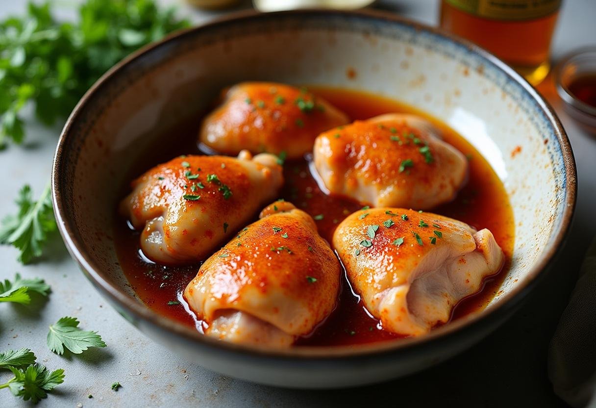 Marinating chicken thighs in chipotle honey lime mixture for Poulet Chipotle au Miel et Citron Vert.