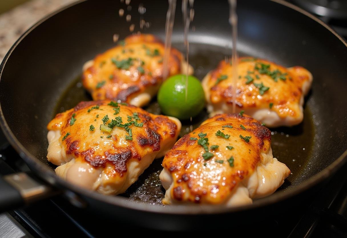 Seared marinated chicken thighs in a skillet for Poulet Chipotle au Miel et Citron Vert.