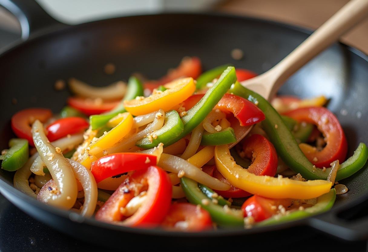 Sautéed bell peppers and onions for serving with Poulet Chipotle au Miel et Citron Vert.