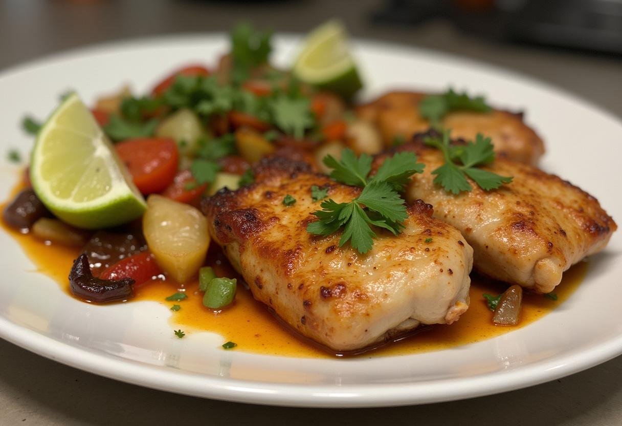 Plated Poulet Chipotle au Miel et Citron Vert with vegetables and garnishes ready to serve.