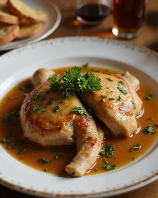 Completed Poulet Moelleux Mijoté à la Bière ready to be enjoyed.