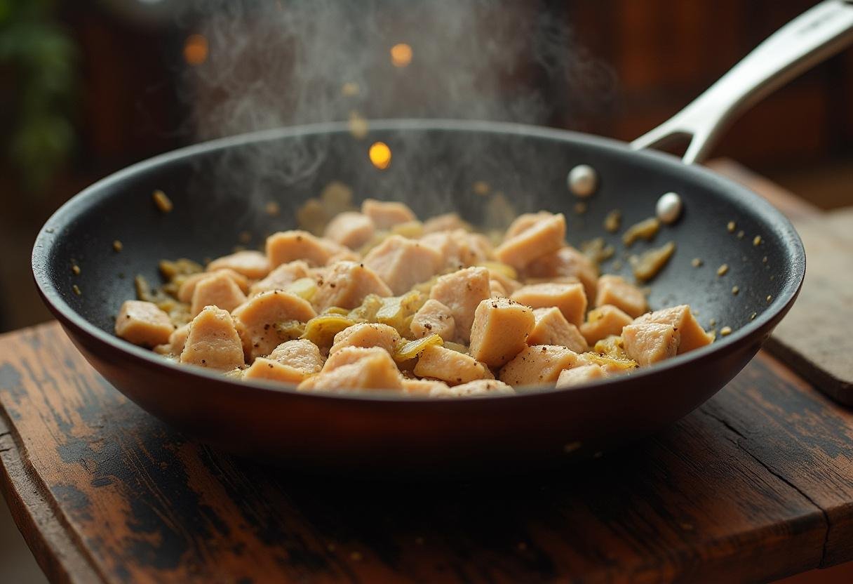 Diced chicken breast being browned with garlic and onions for Poulet Moelleux Mijoté à la Bière.
