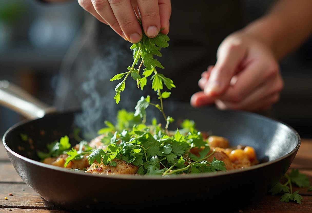 Fresh herbs adding flavor to the Poulet Moelleux Mijoté à la Bière dish.