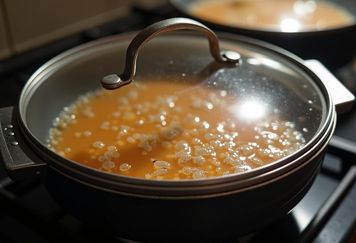 Simmering skillet of Poulet Moelleux Mijoté à la Bière on the stove.