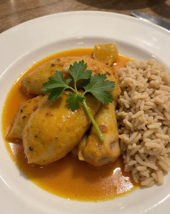 Delicious Poulet à l'Orange et à la Coriandre plated with rice, perfect for a gourmet meal.