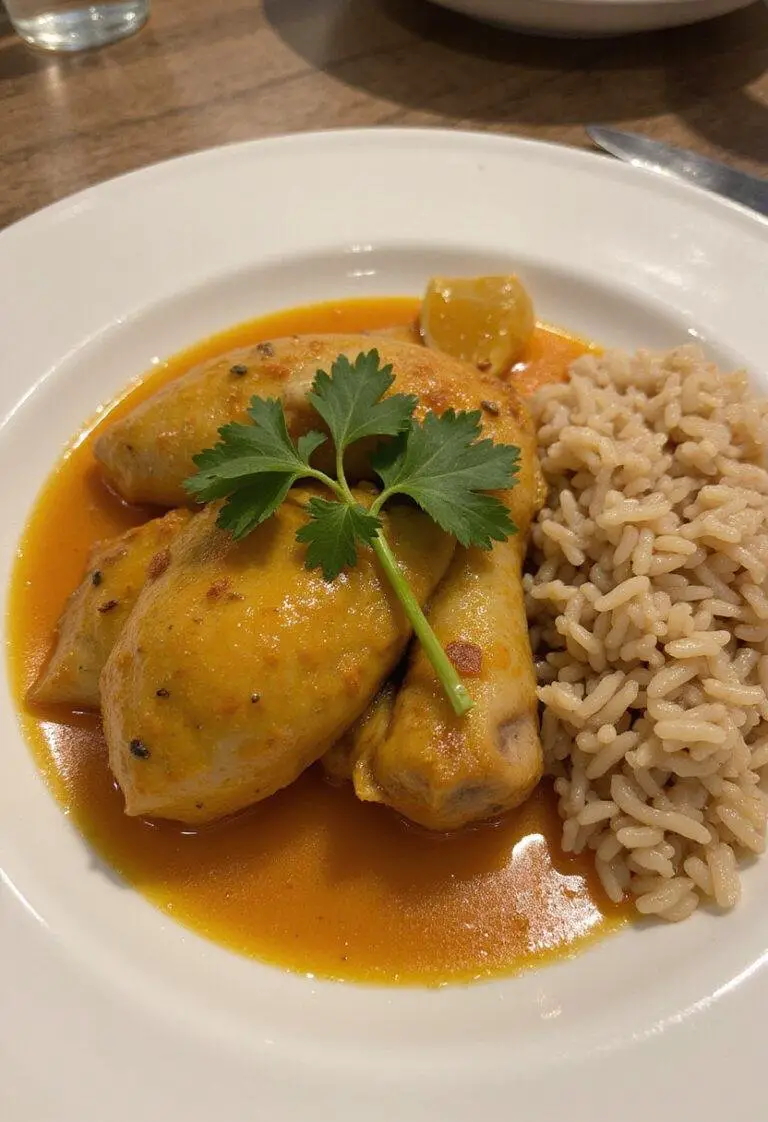 Delicious Poulet à l'Orange et à la Coriandre plated with rice, perfect for a gourmet meal.