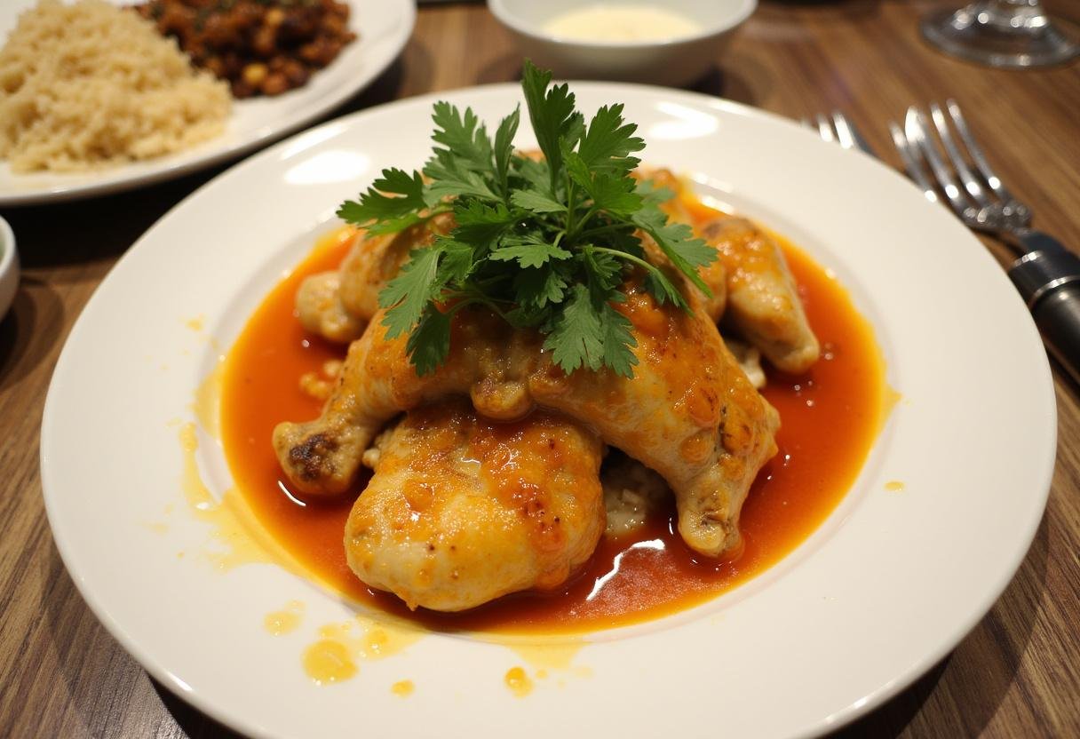 Delicious Poulet à l'Orange et à la Coriandre plated with rice, perfect for a gourmet meal.