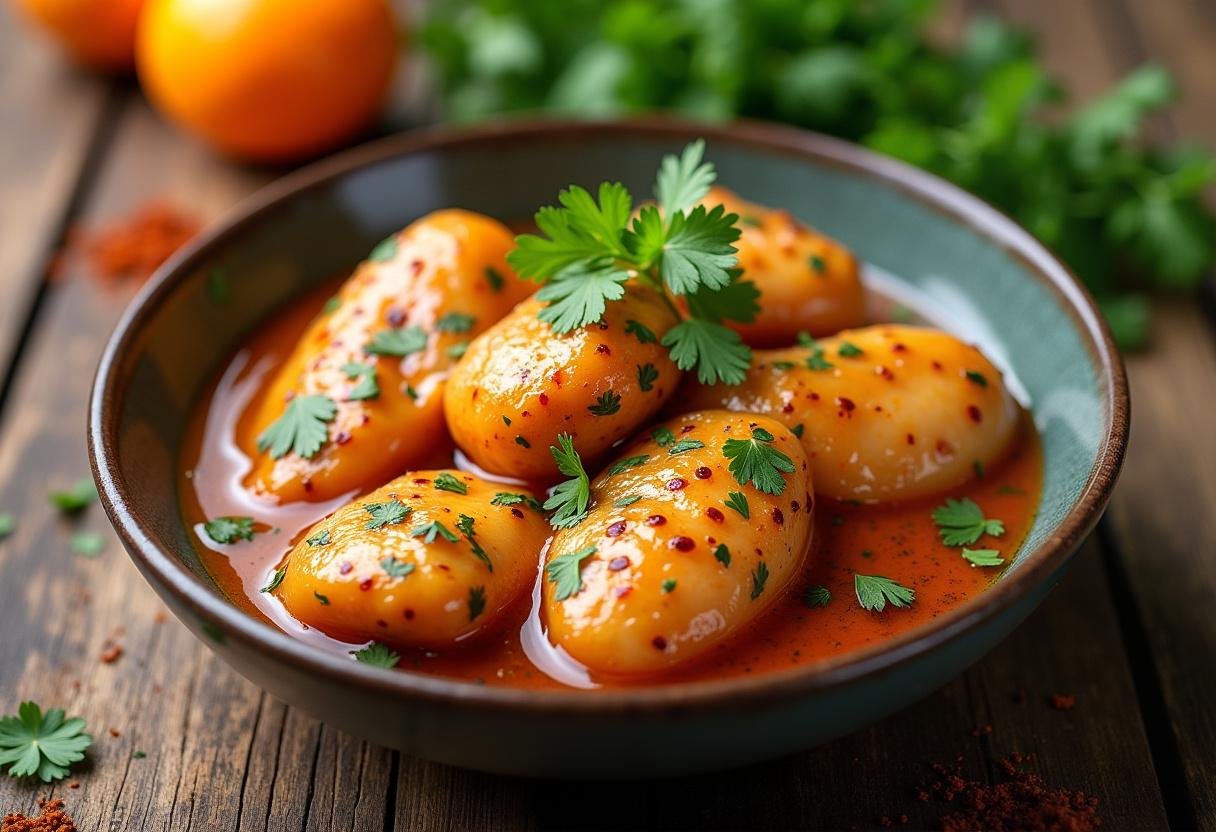 Marinated chicken pieces in orange juice and coriander marinade for Poulet à l'Orange et à la Coriandre.