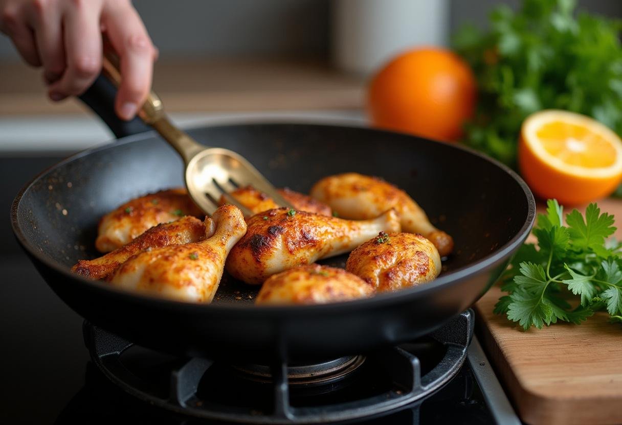 Sizzling chicken in a frying pan for Poulet à l'Orange et à la Coriandre recipe.