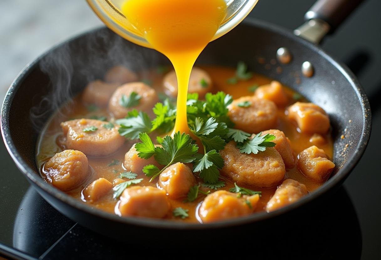 Orange juice being poured into the pan with chicken for Poulet à l'Orange et à la Coriandre.
