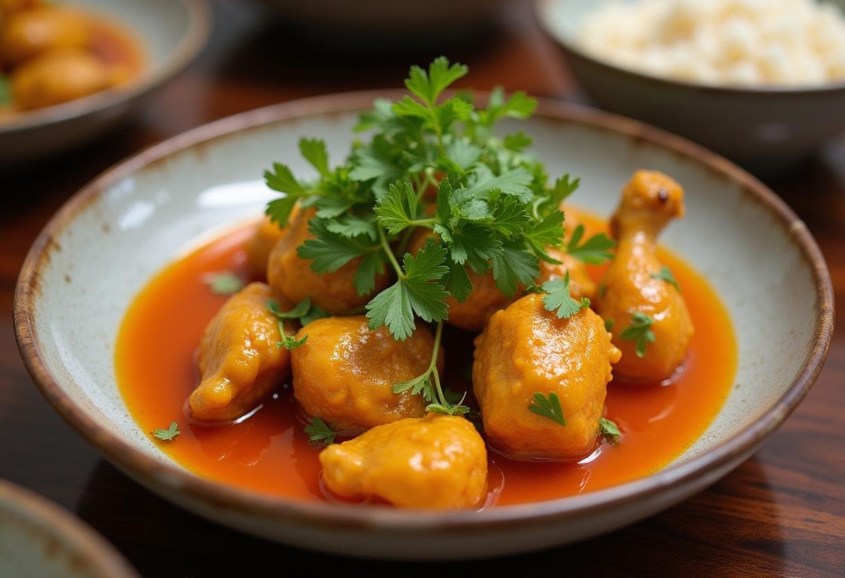 Cooked Poulet à l'Orange et à la Coriandre being served with rice.