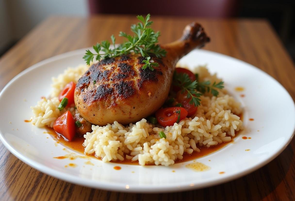 Délicieux Poulet à la Syrienne présenté avec du riz et des herbes, un plat parfait à partager.