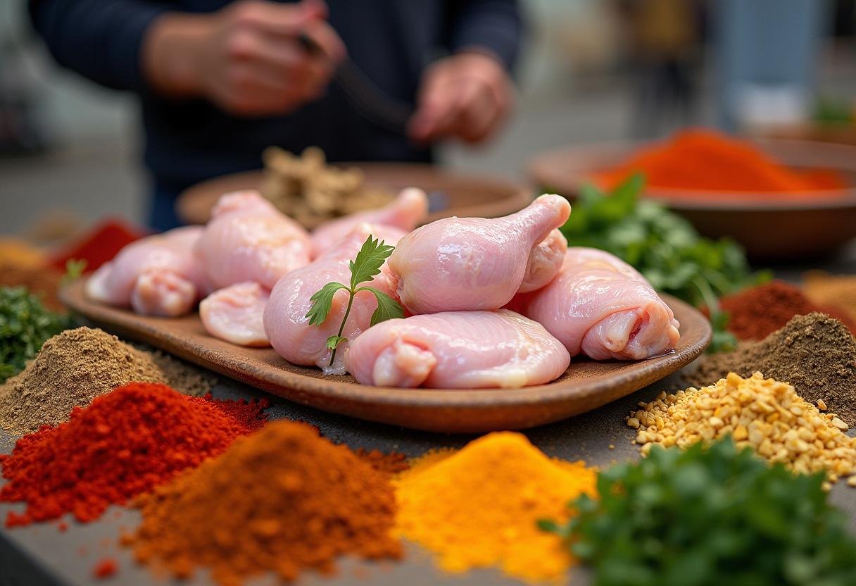 Ingrédients pour le Poulet à la Syrienne, incluant du poulet frais et diverses épices dans un cadre de marché.