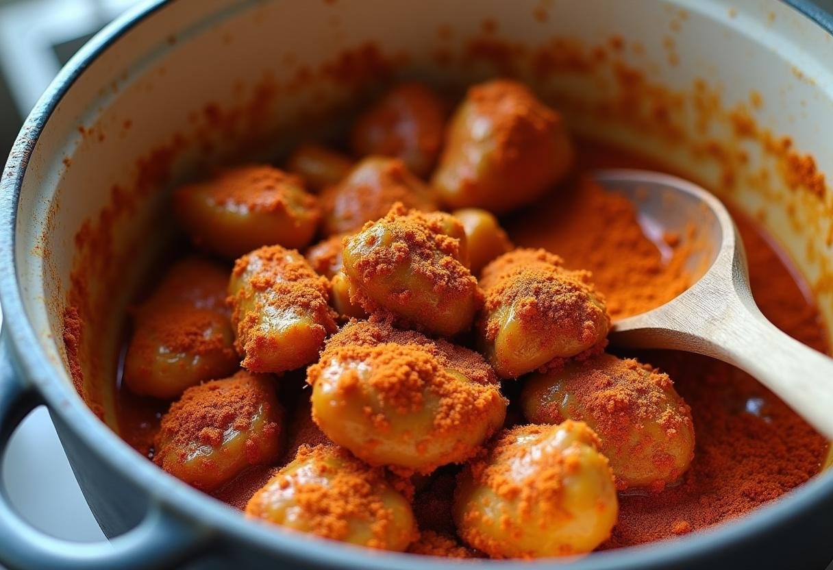 Poulet mariné avec des épices syriennes dans un bol à mélanger pour la préparation du Poulet à la Syrienne.