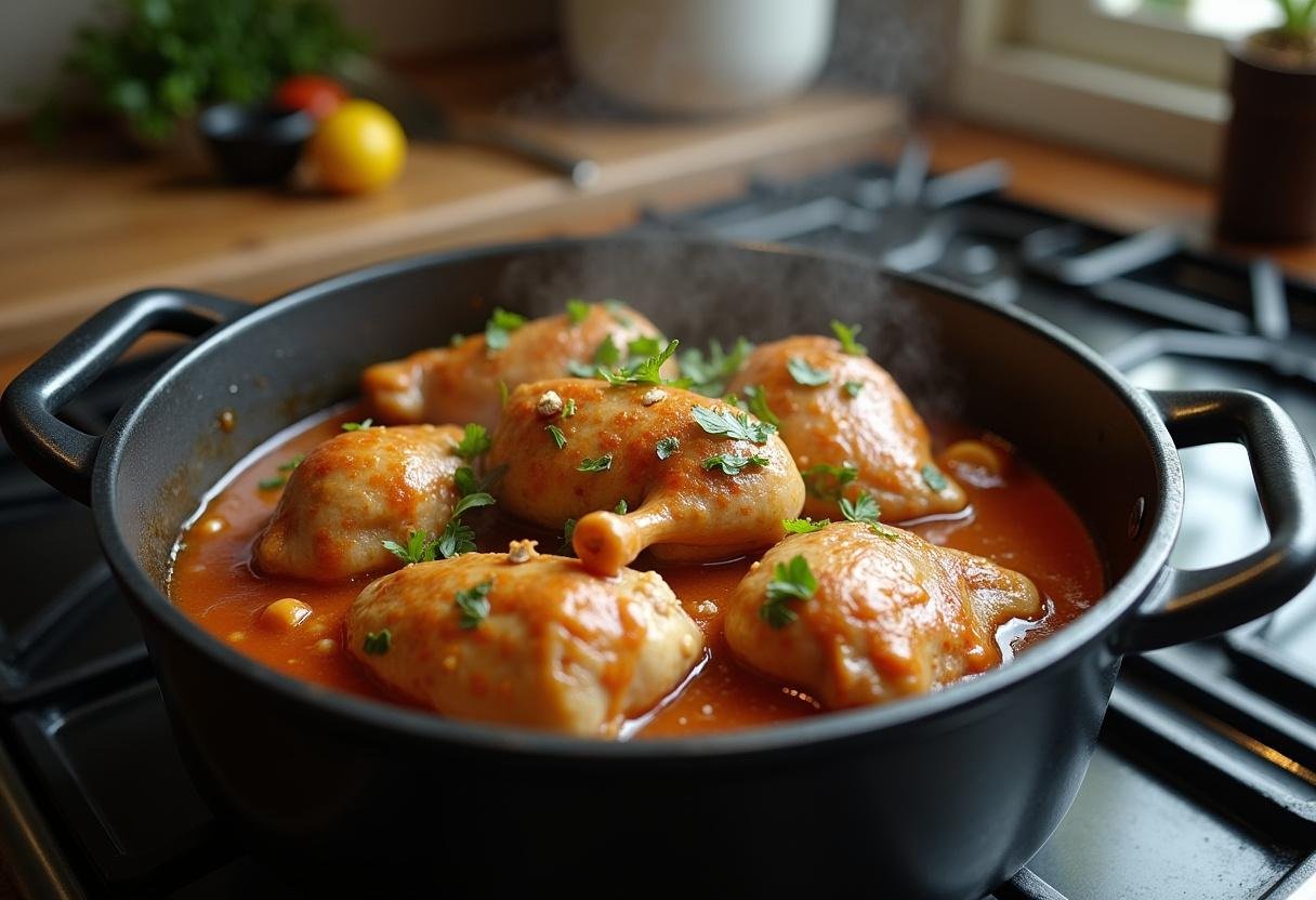 Poulet à la Syrienne mijotant dans une casserole, rempli de légumes vibrants et de sauce aromatique.