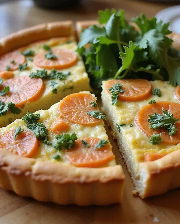 Finished Quiche Saumon Brocolis Équilibrée served with a side salad, perfect for a healthy meal.