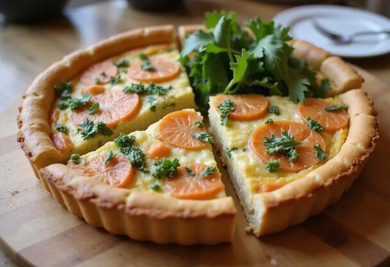 Finished Quiche Saumon Brocolis Équilibrée served with a side salad, perfect for a healthy meal.