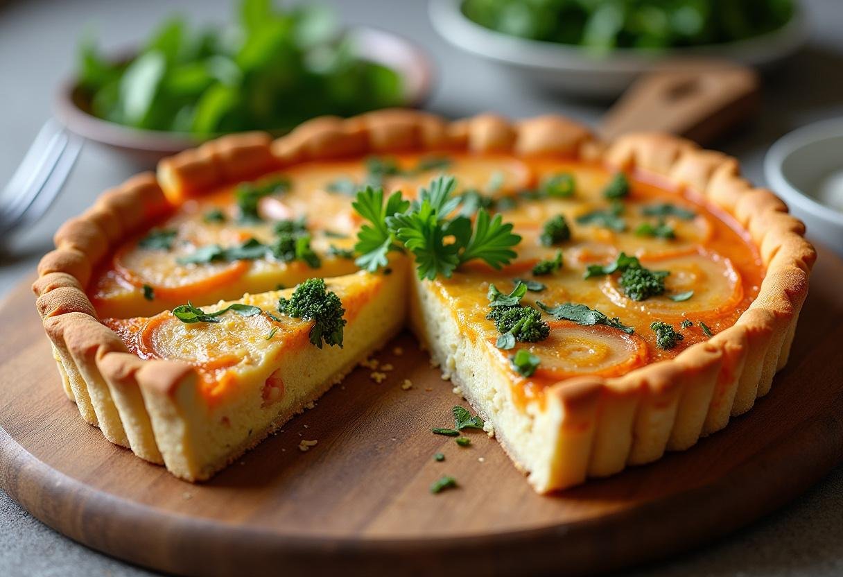 Finished Quiche Saumon Brocolis Équilibrée served with a side salad, perfect for a healthy meal.