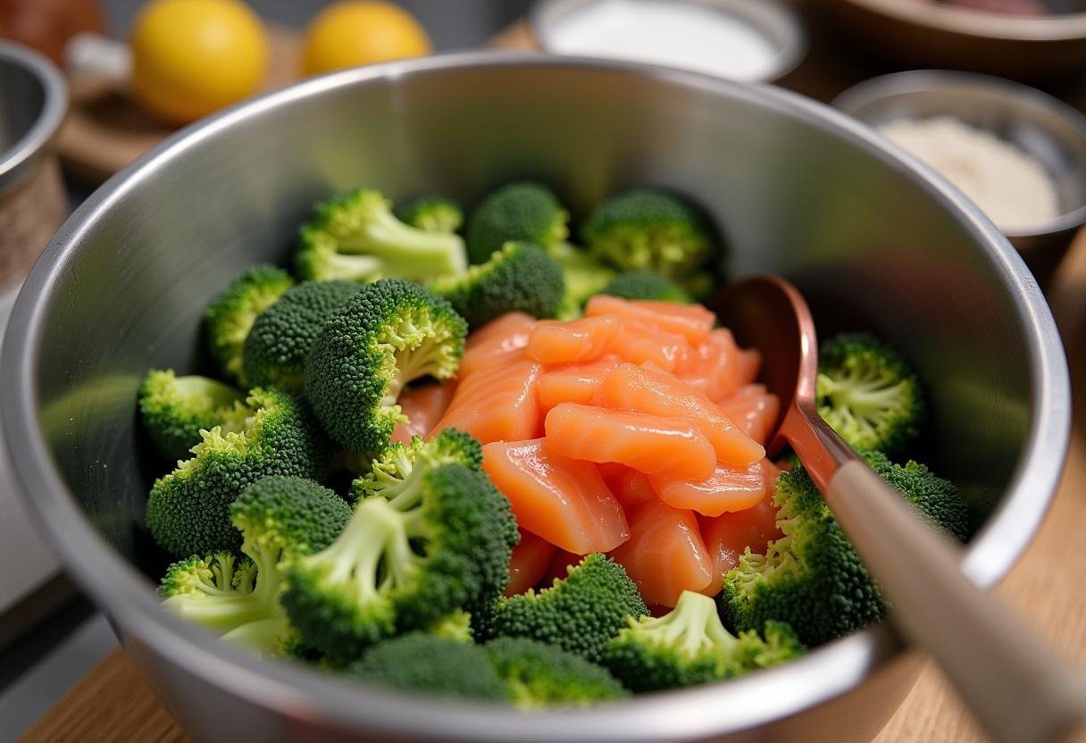 Chopped broccoli and smoked salmon in a bowl for Quiche Saumon Brocolis Équilibrée preparation.
