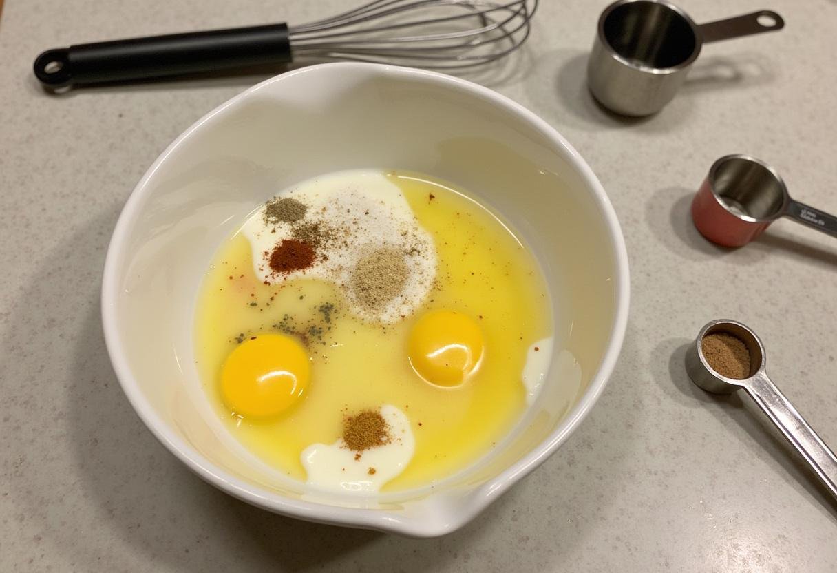 Egg and cream mixture for Quiche Saumon Brocolis Équilibrée being whisked together.