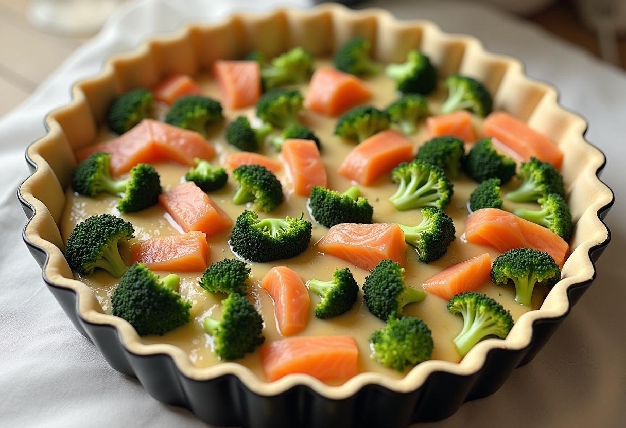 Pie crust filled with broccoli and salmon mixture for Quiche Saumon Brocolis Équilibrée.