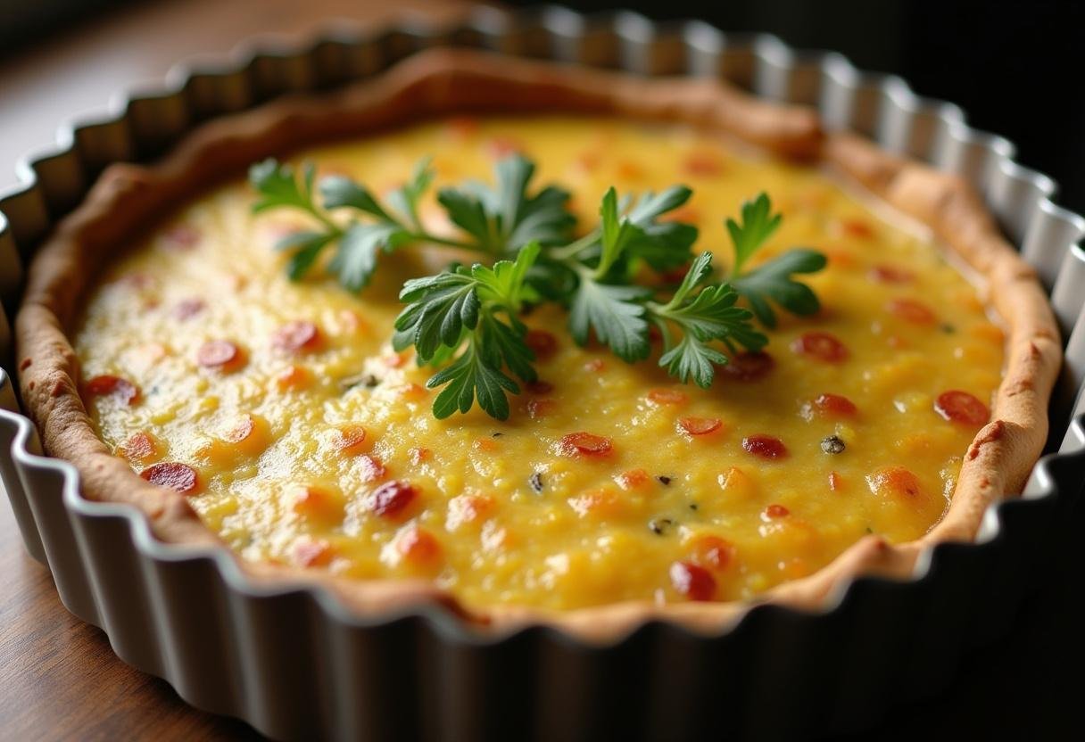 Quiche ready to bake in the oven, showcasing the tart pan with a pinched crust.