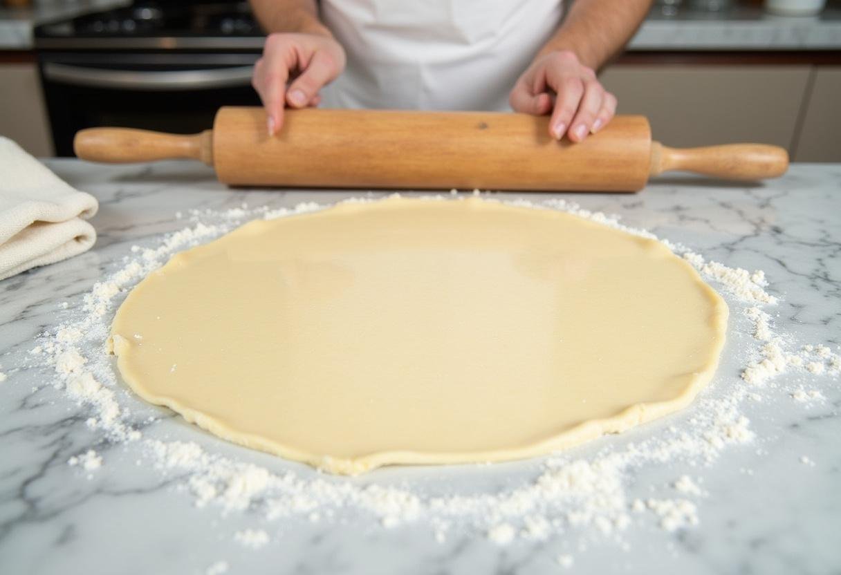 Étaler une pâte à tarte pour la Quiche aux Légumes et Bacon.