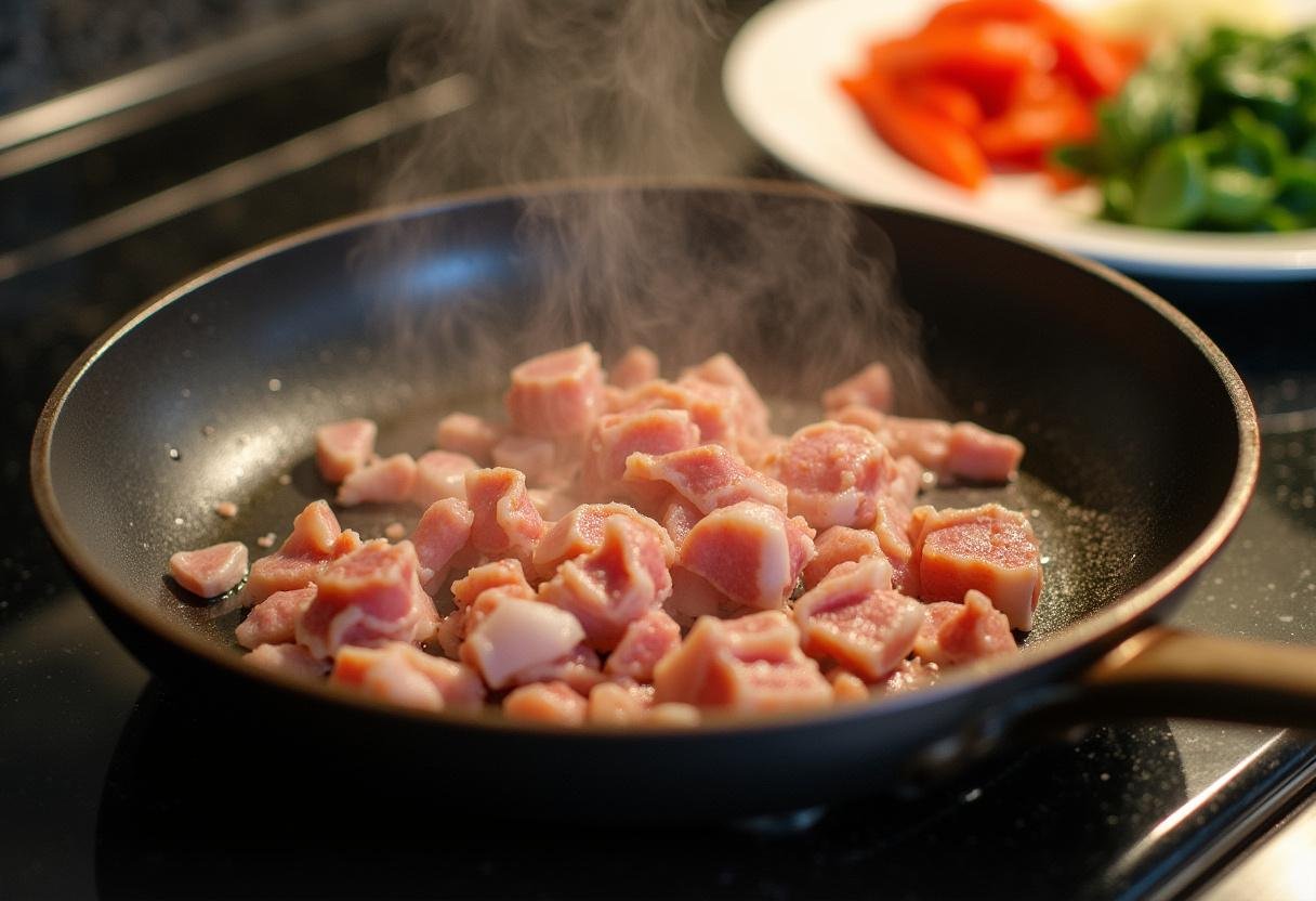 Bacon haché en train de cuire avec des légumes pour la Quiche aux Légumes et Bacon.