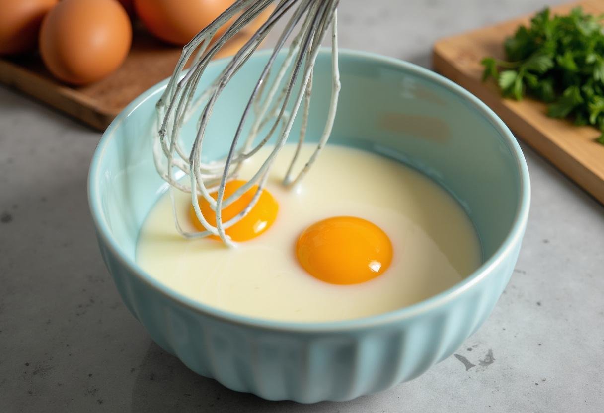 Mélange de crème et d'œufs pour la Quiche aux Légumes et Bacon.