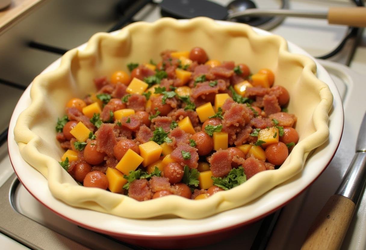 Pâte à tarte remplie de légumes et de bacon, prête à cuire pour la Quiche aux Légumes et Bacon.