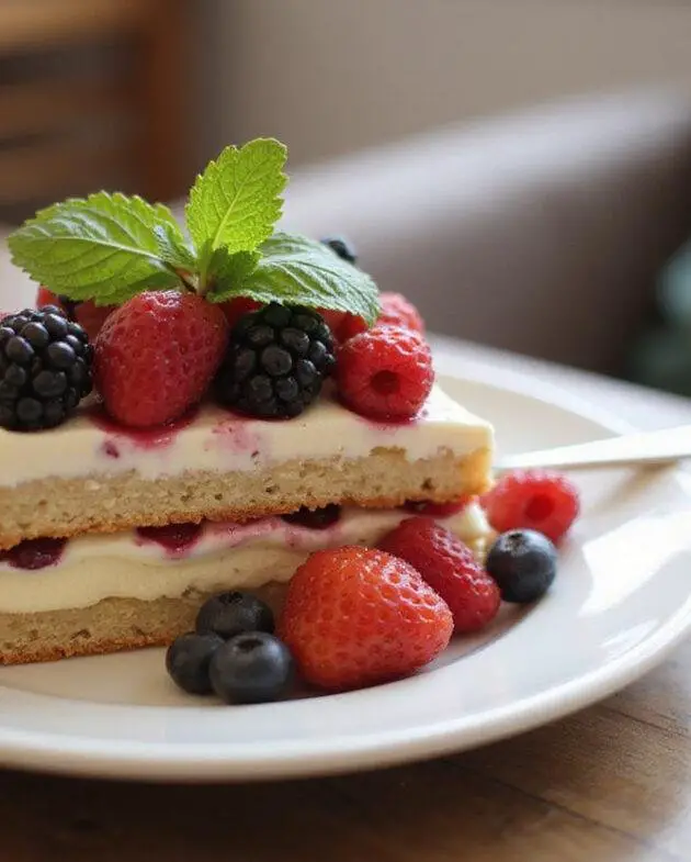 Part de gâteau au biscuit sans cuisson joliment présentée avec des baies fraîches.