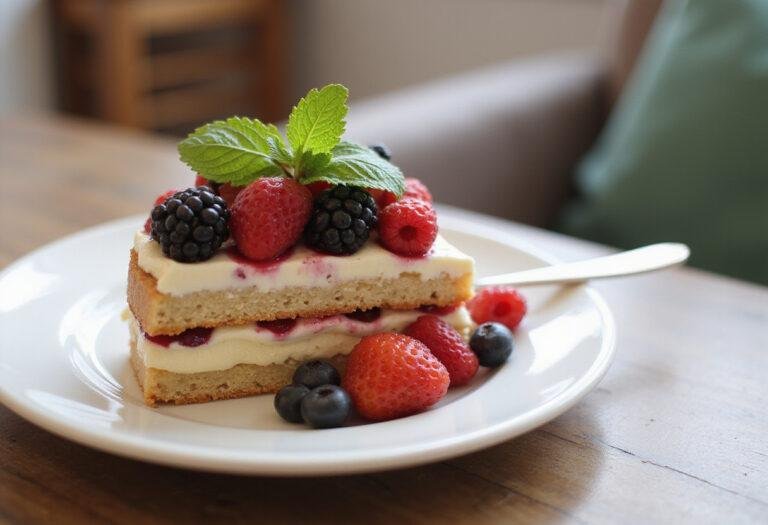 Part de gâteau au biscuit sans cuisson joliment présentée avec des baies fraîches.