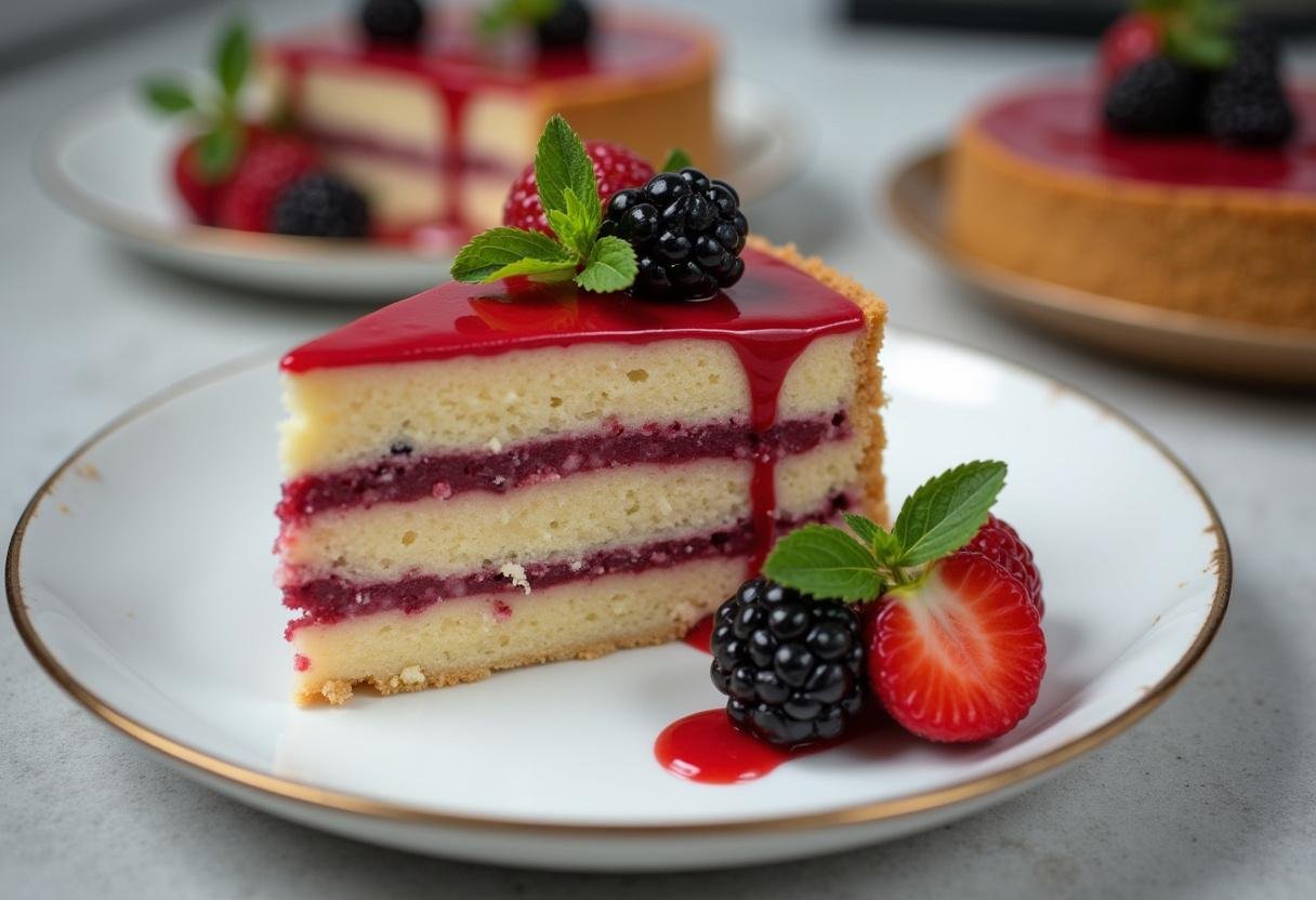 Part de gâteau au biscuit sans cuisson joliment présentée avec des baies fraîches.