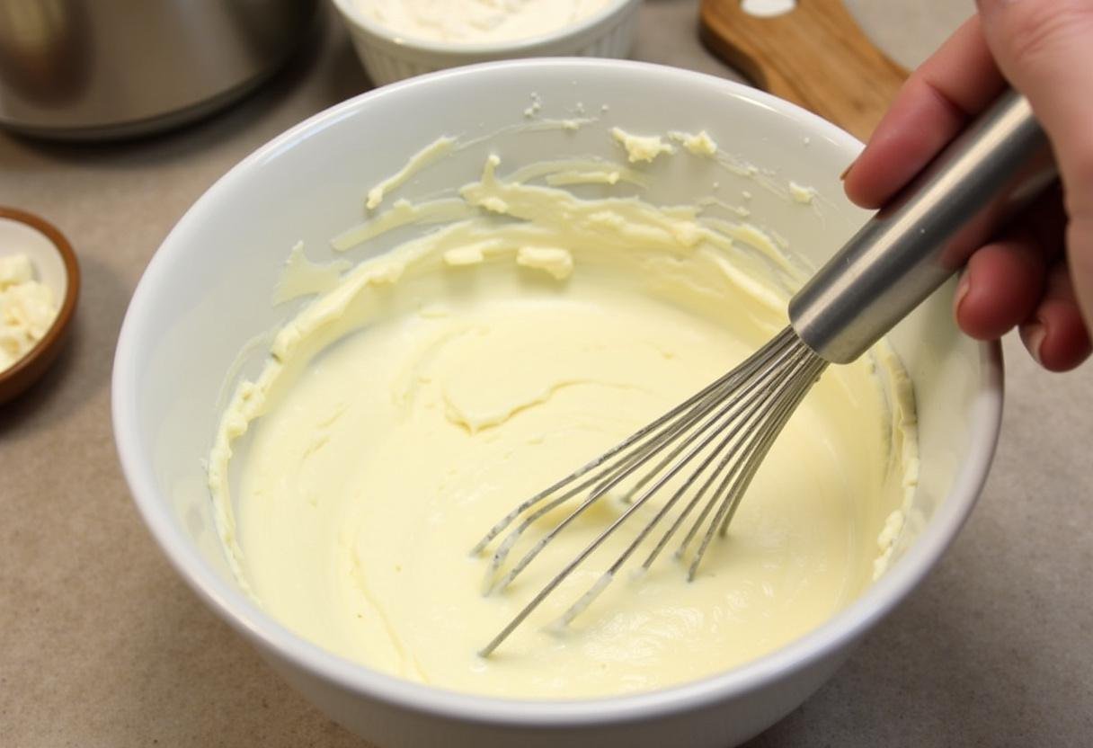 Mélange crémeux de mascarpone et de crème fouettée pour le gâteau au biscuit sans cuisson.