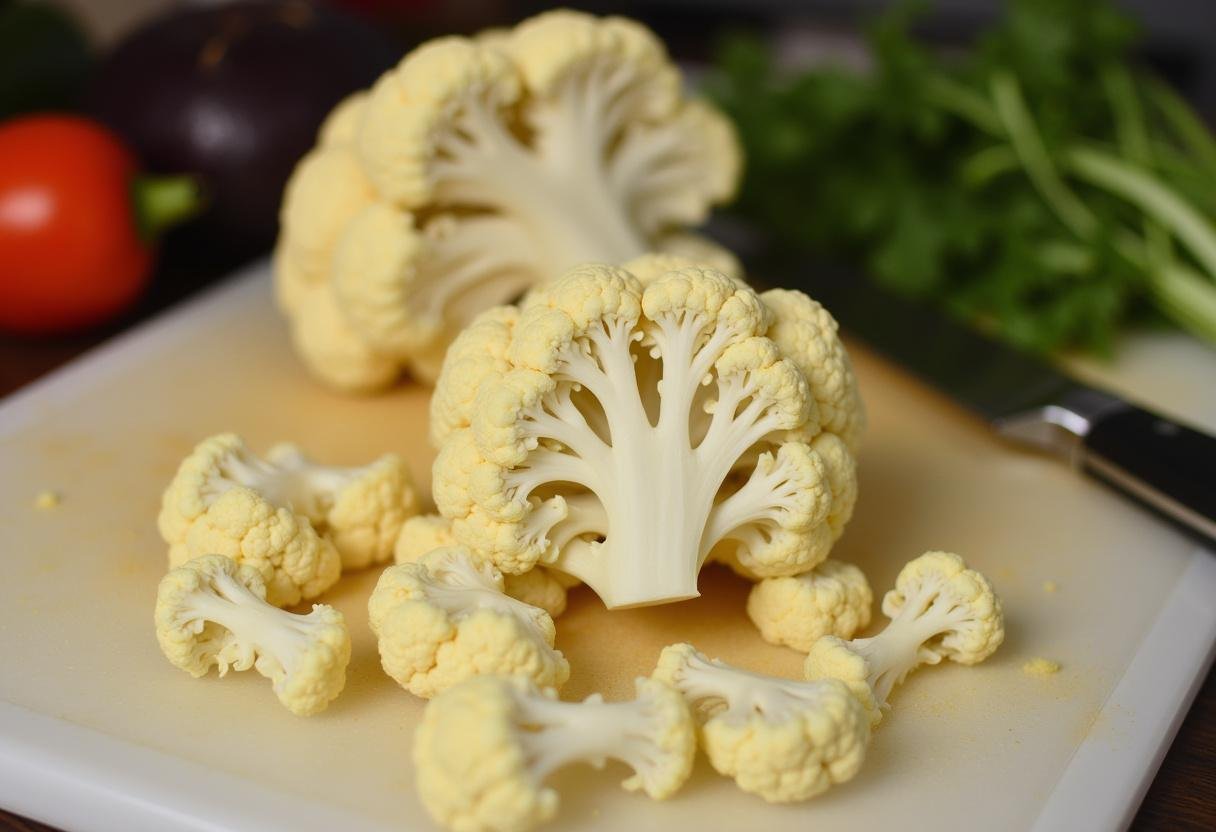 Chopping fresh cauliflower florets for low carb rice alternative in Riz de Chou-Fleur.