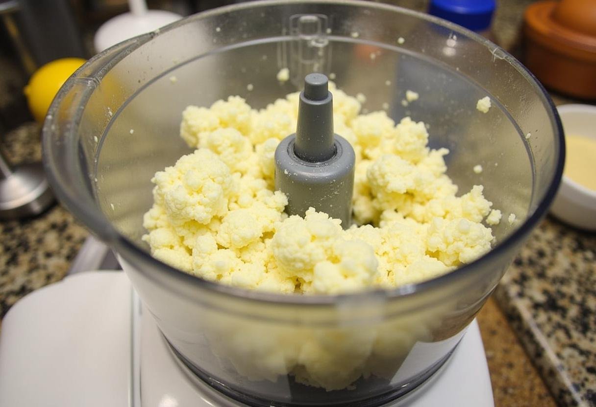 Cauliflower florets in a food processor ready to make Riz de Chou-Fleur, a low carb rice alternative.
