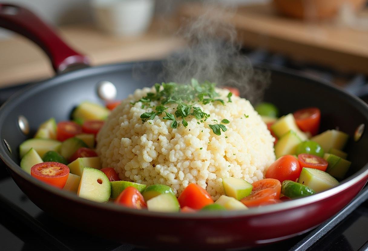 Cauliflower rice being mixed with sautéed vegetables in the skillet for Riz de Chou-Fleur preparation.