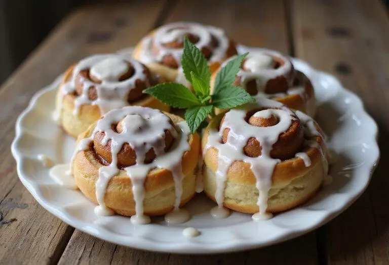 Roulés à la cannelle et au chaï tout juste sortis du four, décorés de glaçage et de feuilles de menthe.