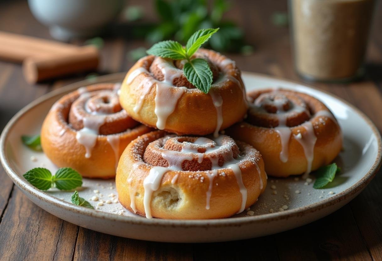 Roulés à la cannelle et au chaï tout juste sortis du four, décorés de glaçage et de feuilles de menthe.