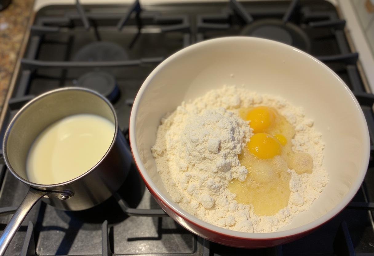 Mélange de farine, sucre et levure dans un bol pour préparer les roulés à la cannelle et au chaï.