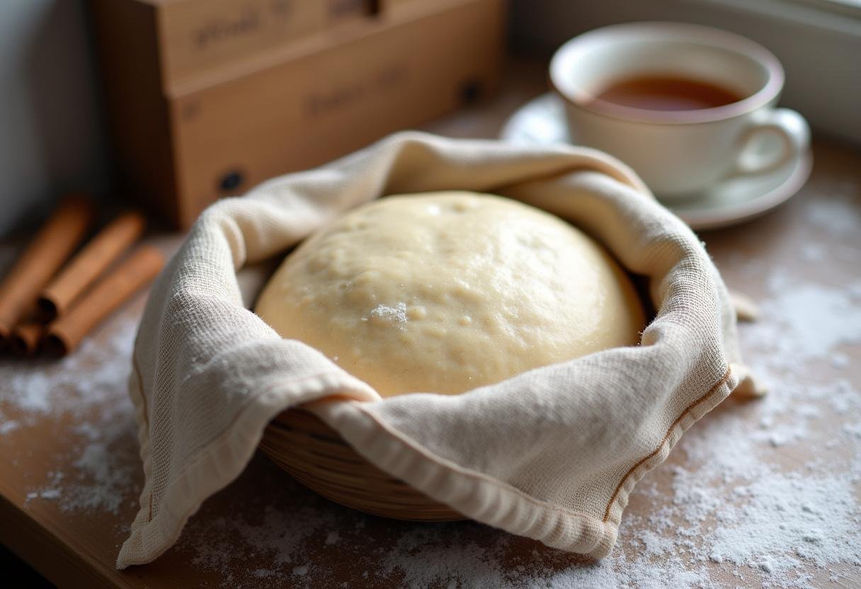 Pâte à roulés à la cannelle reposant dans un bol, accompagnée d'une tasse de thé chaï et de bâtons de cannelle.