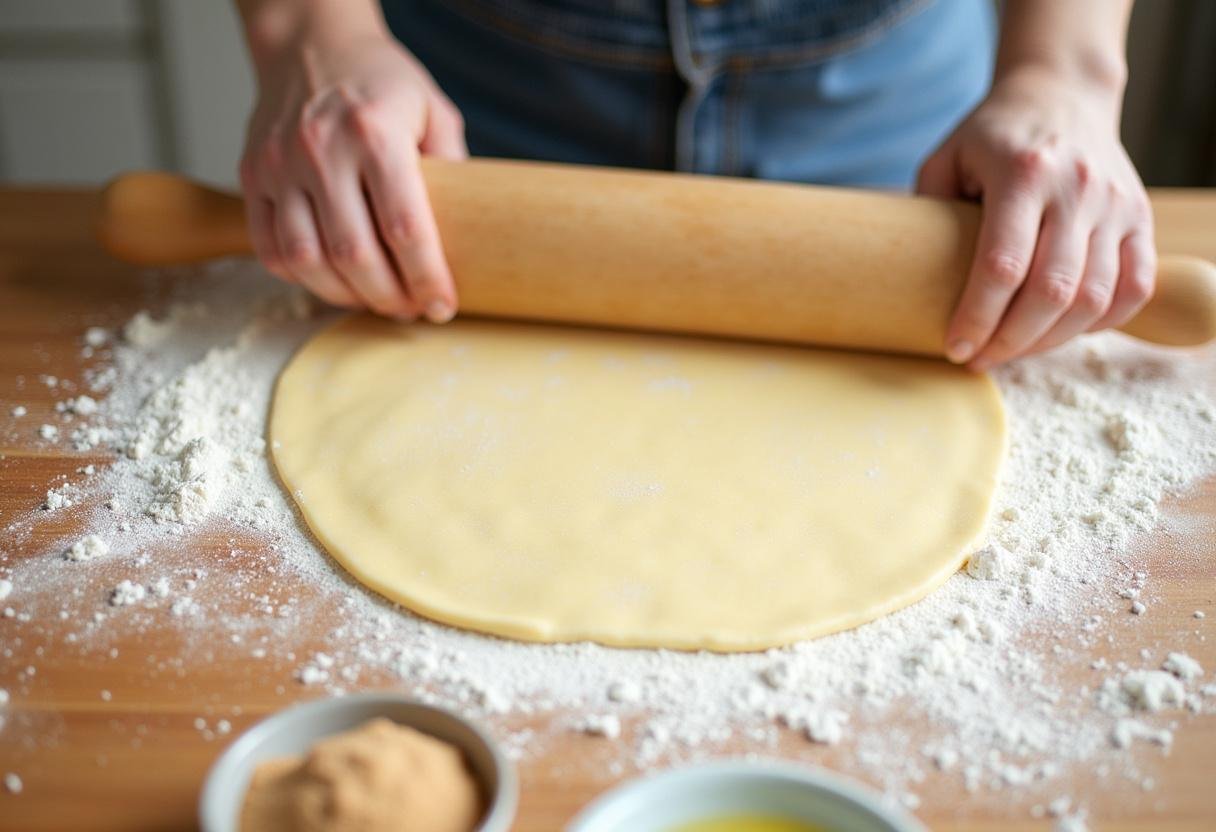 Pâte à roulés à la cannelle étalée avec un rouleau à pâtisserie, prête pour le mélange de sucre et de cannelle.